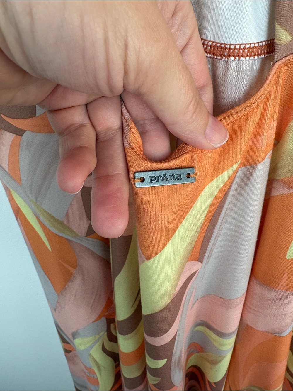 PrAna Saxon Dress XL Orange Leaf Print Asymmetrical Midi EUC Tropical Coastal - Picture 7 of 12